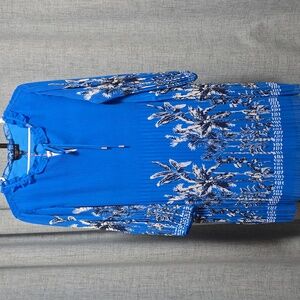 Skies Are Blue Curvy Royal Blue Pleated Floral Dress With Ruffle Neck Size 1X